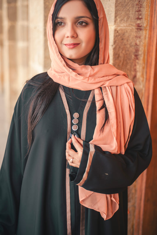 Front Open Peach Stripe Abaya